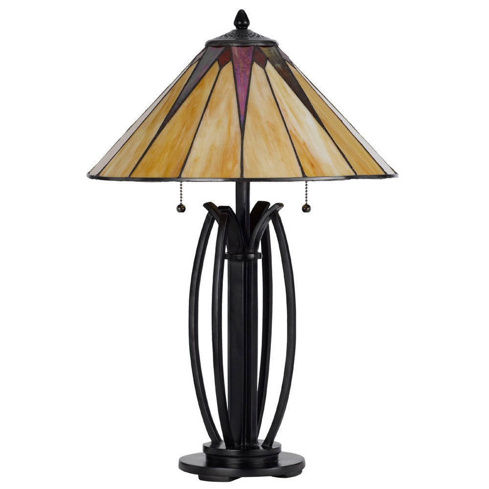 Benjara Eli Table Lamp, 17 Inch Stained Tiffany Glass Shade, Bronze Metal, Resin