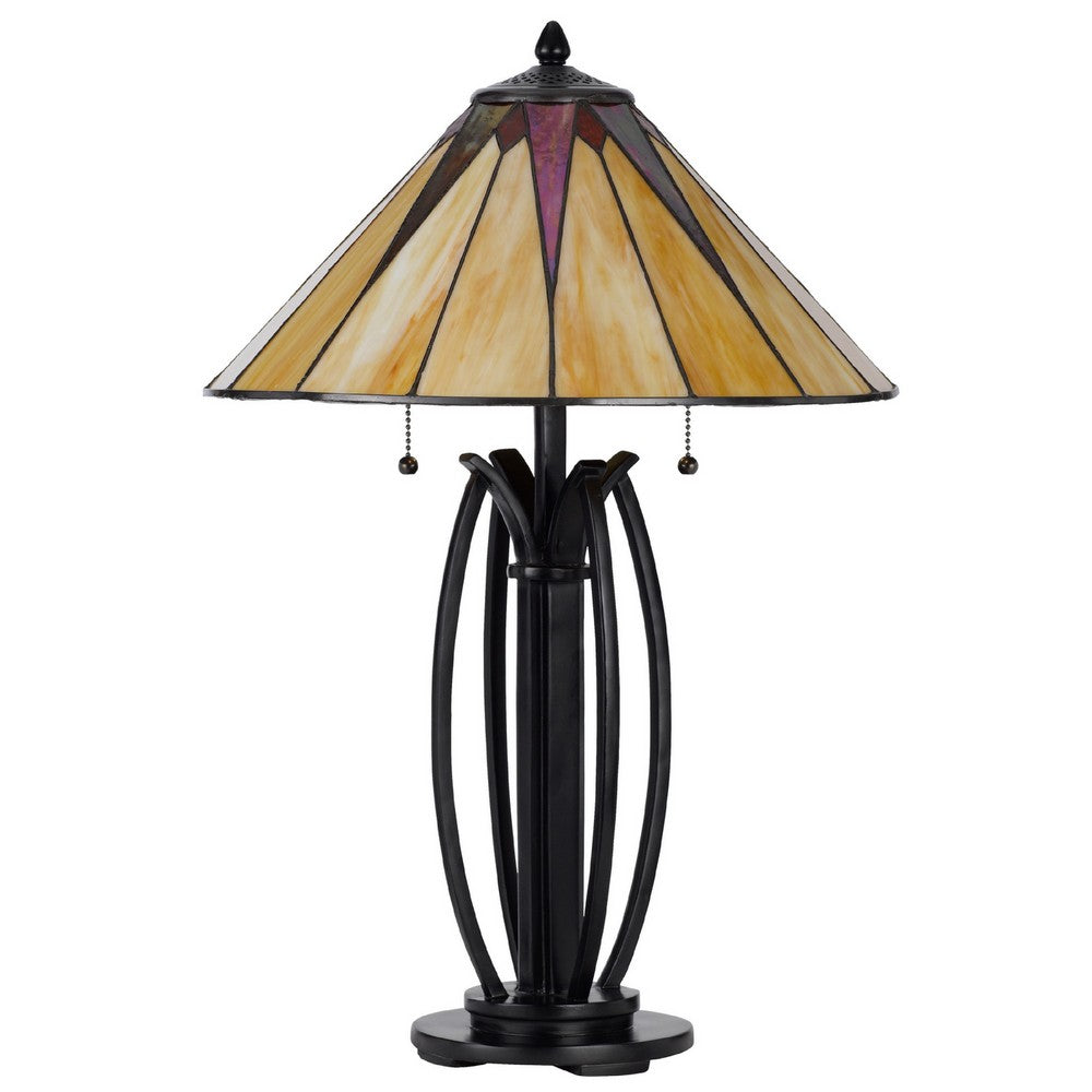 Benjara Eli Table Lamp, 17 Inch Stained Tiffany Glass Shade, Bronze Metal, Resin