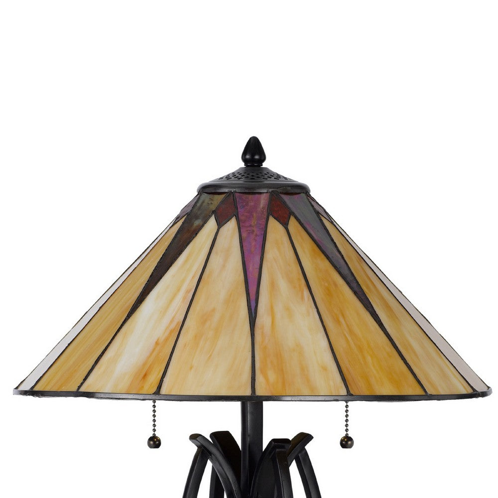Benjara Eli Table Lamp, 17 Inch Stained Tiffany Glass Shade, Bronze Metal, Resin