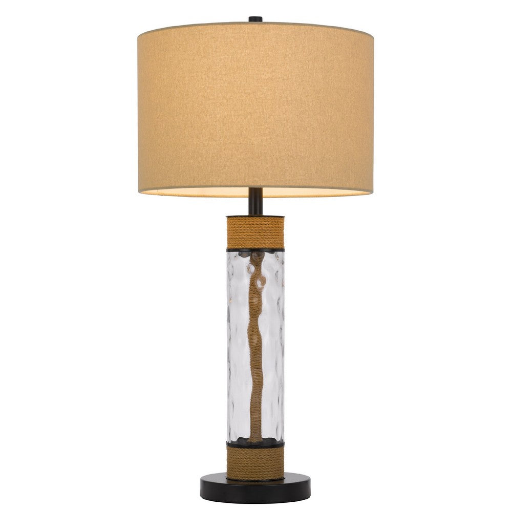 Benjara 32 Inch Table Lamp, Rippled Glass Body with Rope, Burlap Shade, Metal Base