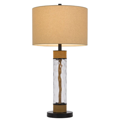 Benjara 32 Inch Table Lamp, Rippled Glass Body with Rope, Burlap Shade, Metal Base