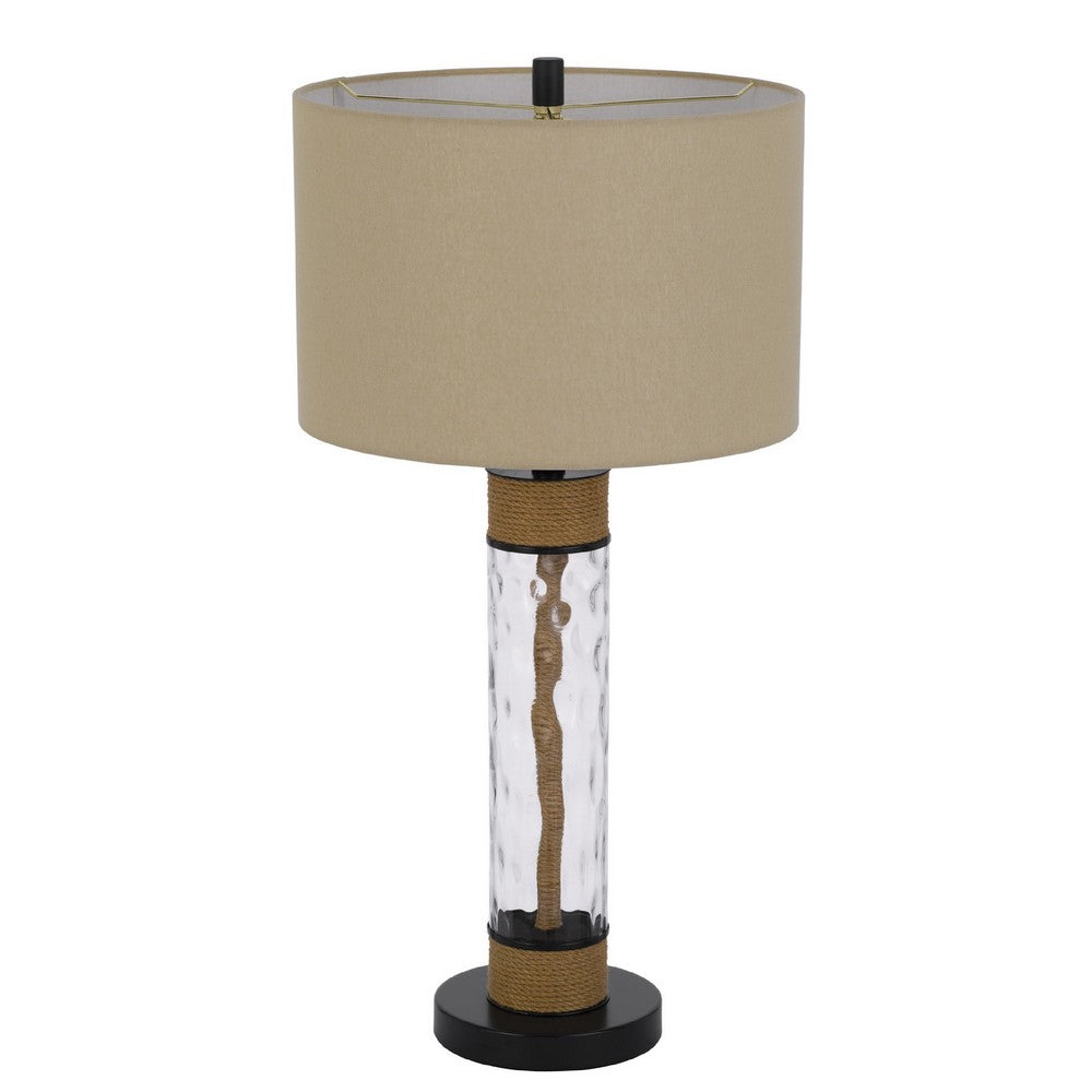 Benjara 32 Inch Table Lamp, Rippled Glass Body with Rope, Burlap Shade, Metal Base