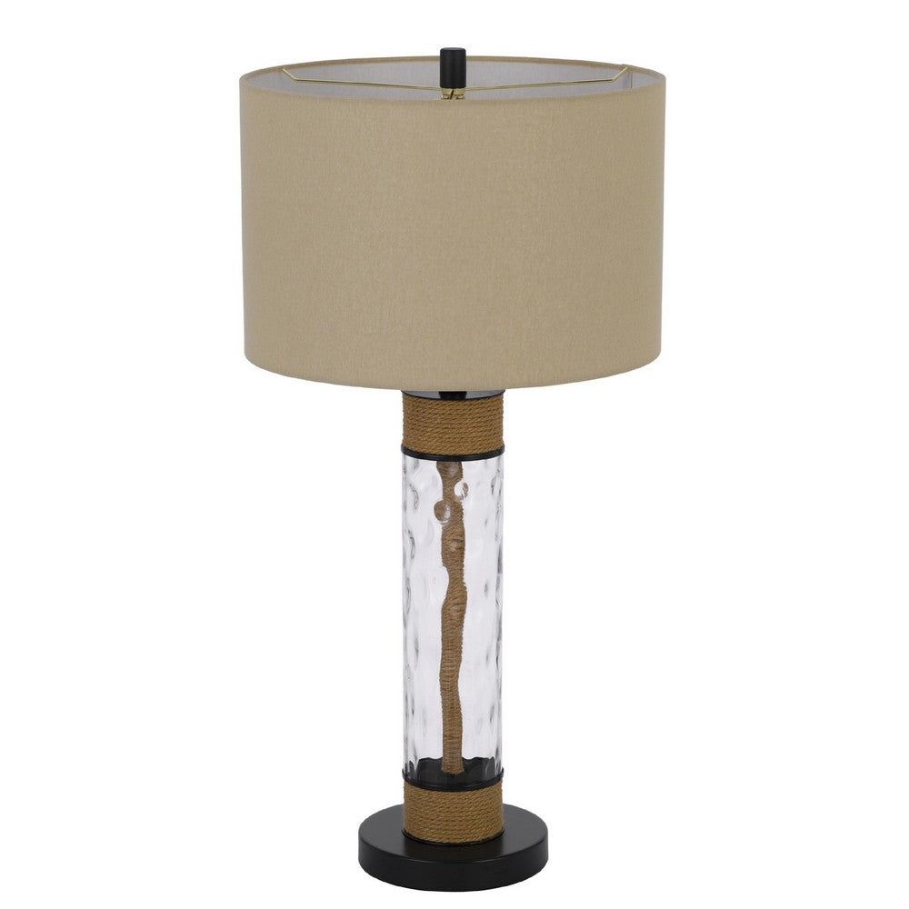 Benjara 32 Inch Table Lamp, Rippled Glass Body with Rope, Burlap Shade, Metal Base