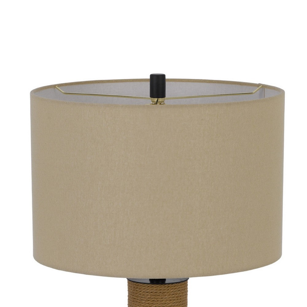 Benjara 32 Inch Table Lamp, Rippled Glass Body with Rope, Burlap Shade, Metal Base