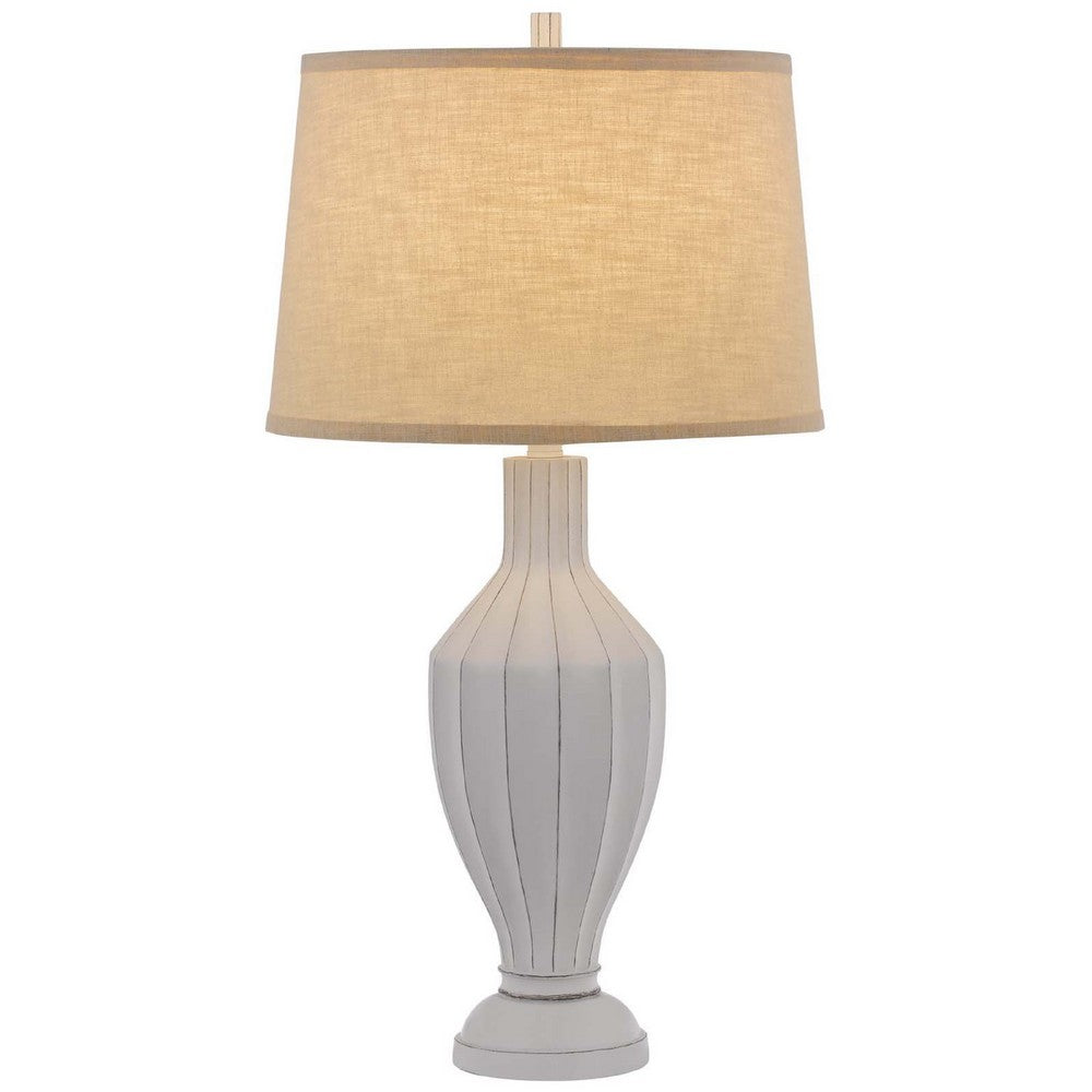 Benjara 31 Inch Table Lamp, Faceted Urn Body, Brown Fabric Shade, Weathered White