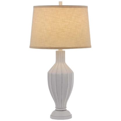 Benjara 31 Inch Table Lamp, Faceted Urn Body, Brown Fabric Shade, Weathered White