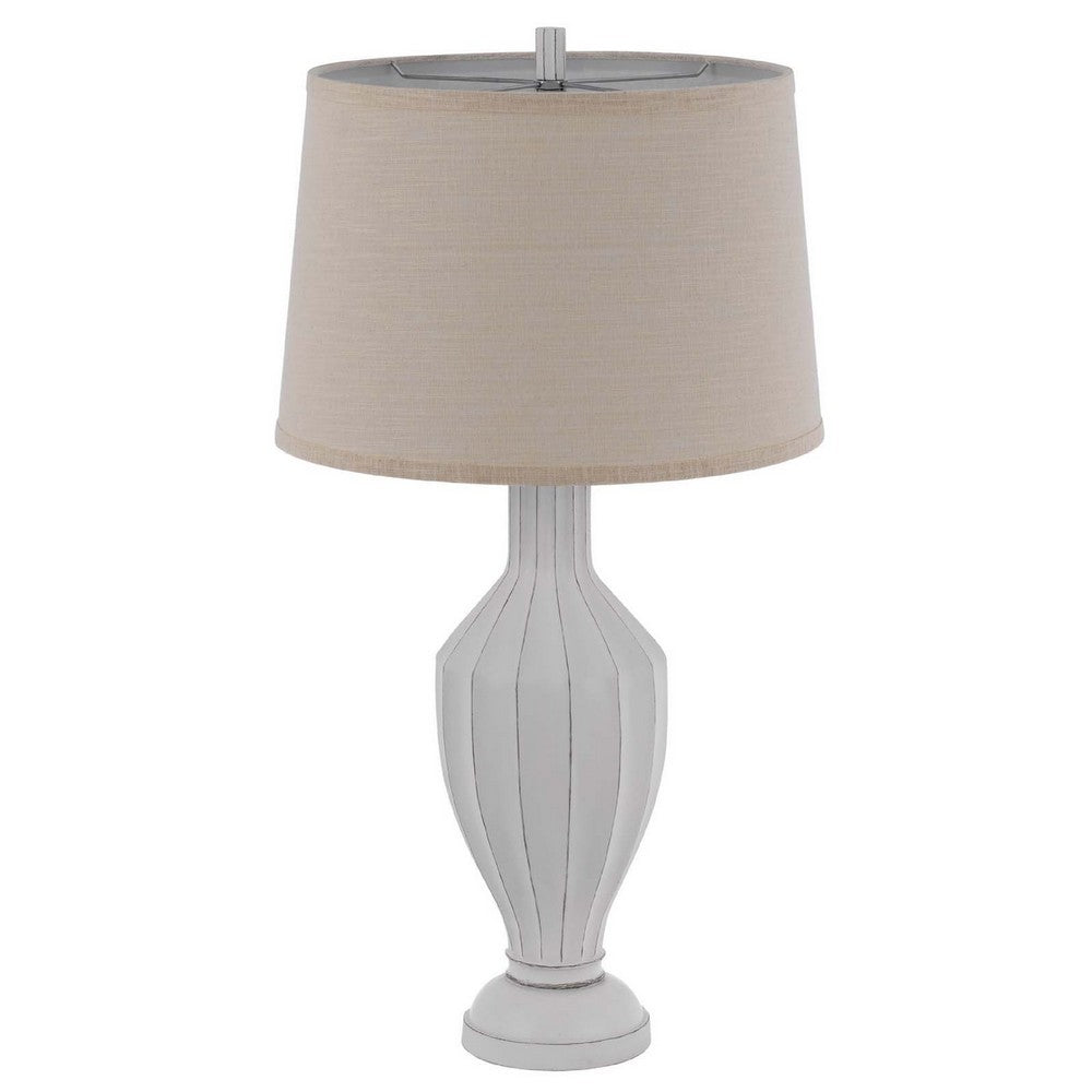 Benjara 31 Inch Table Lamp, Faceted Urn Body, Brown Fabric Shade, Weathered White