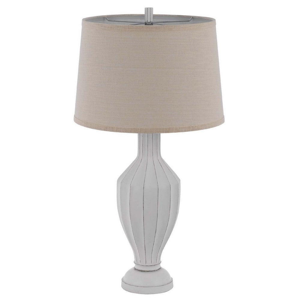 Benjara 31 Inch Table Lamp, Faceted Urn Body, Brown Fabric Shade, Weathered White