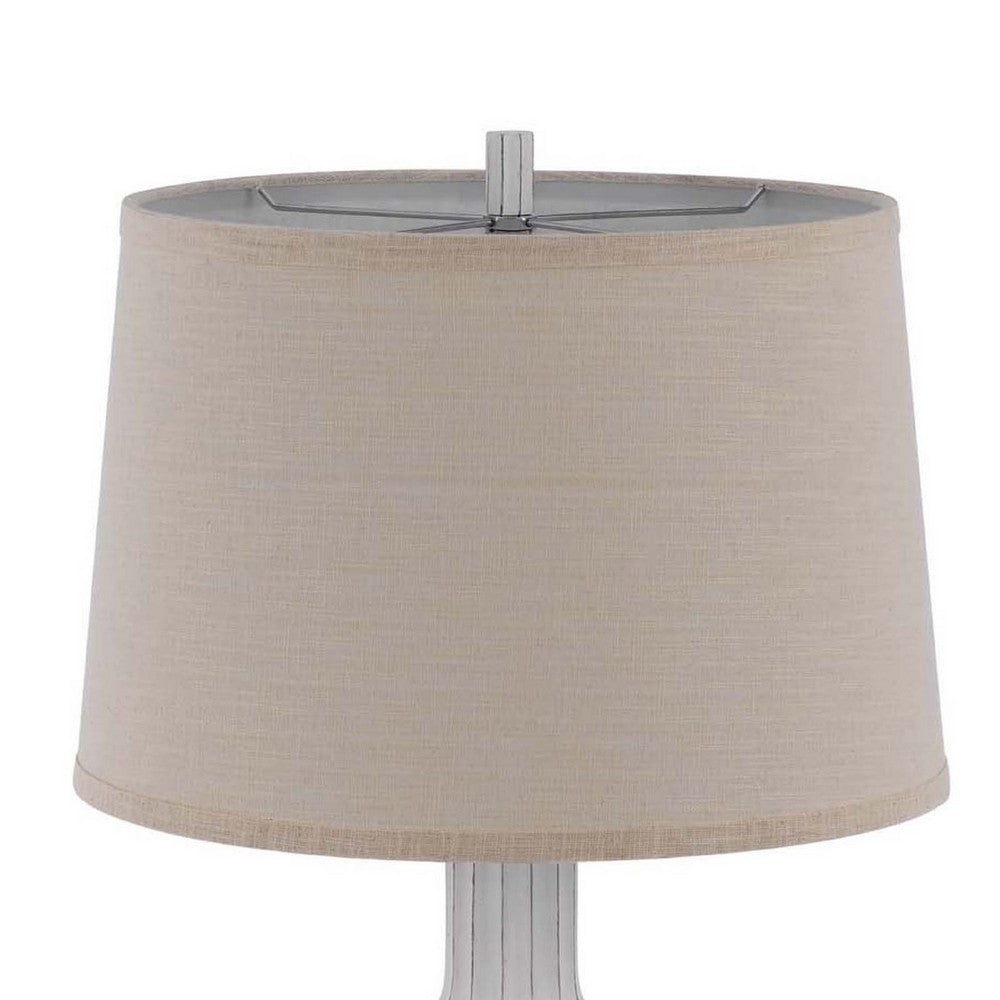 Benjara 31 Inch Table Lamp, Faceted Urn Body, Brown Fabric Shade, Weathered White