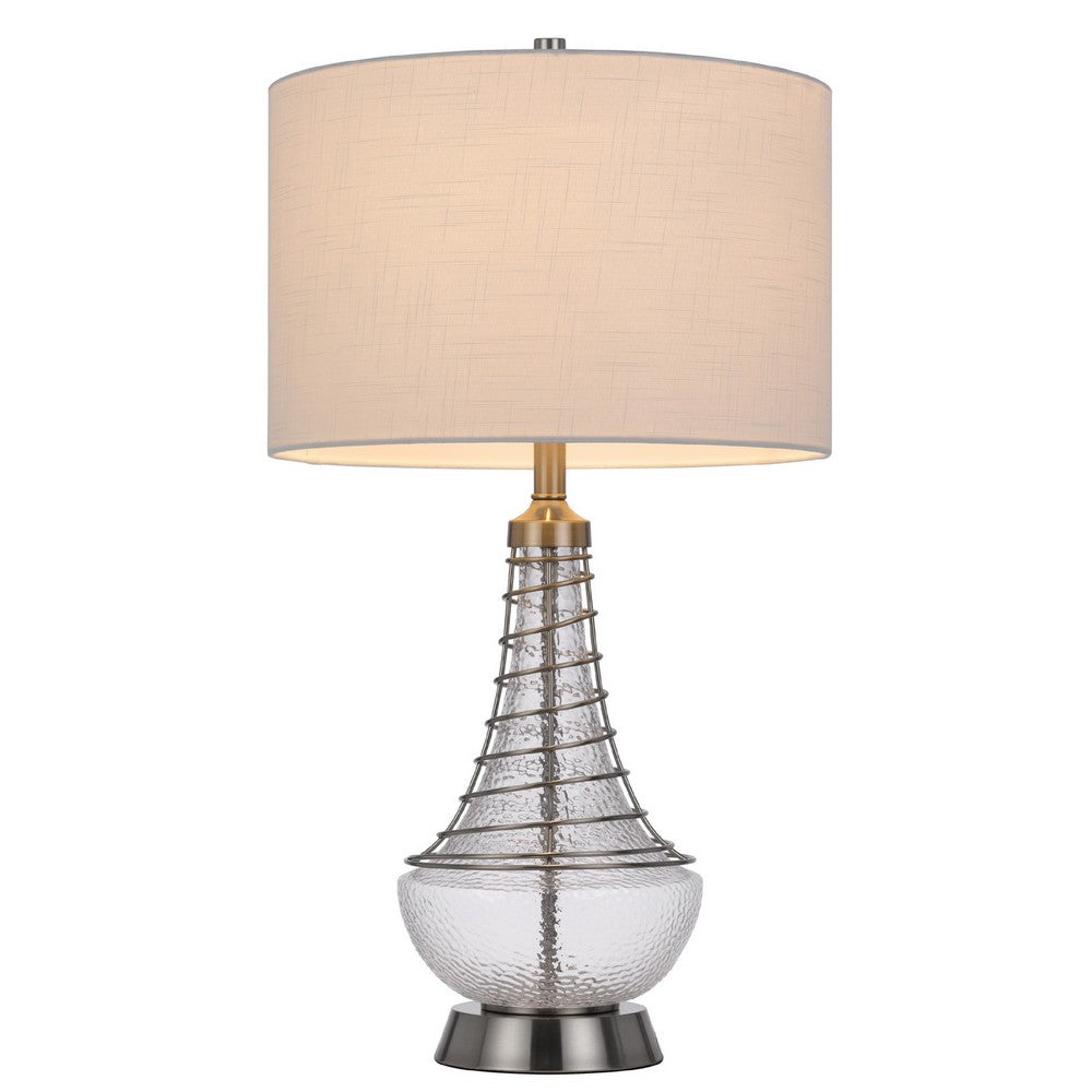 Benjara Table Lamp, Tapered Corkscrew Glass Body with Wire Accent, Brushed Steel