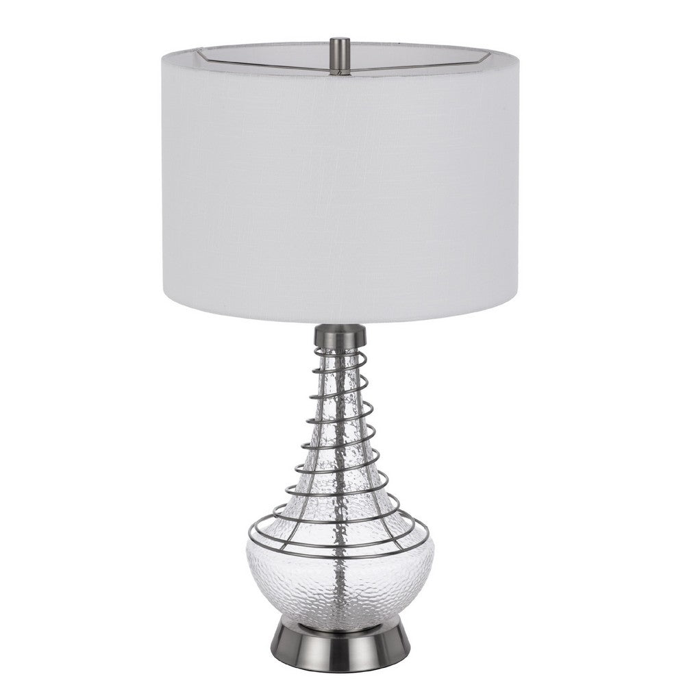 Benjara Table Lamp, Tapered Corkscrew Glass Body with Wire Accent, Brushed Steel