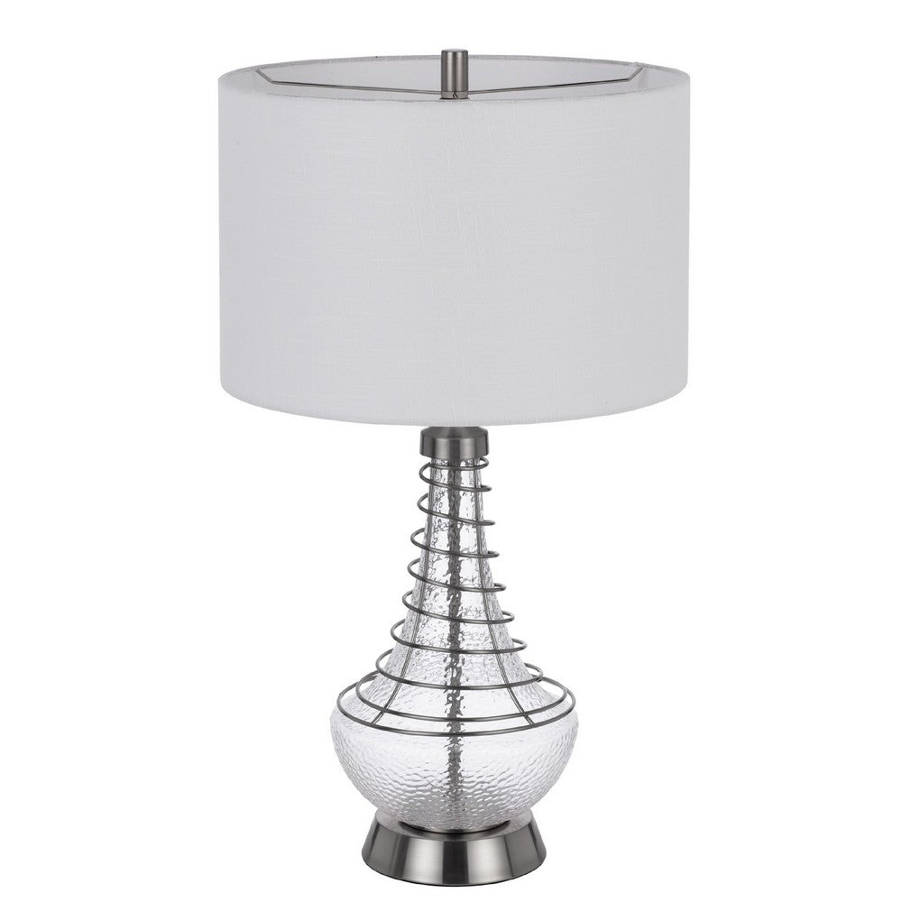 Benjara Table Lamp, Tapered Corkscrew Glass Body with Wire Accent, Brushed Steel