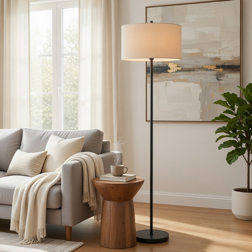 Benjara Avira 61 Inch Floor Lamp, Speckled Hardback Kraft Paper Shade, Black Metal