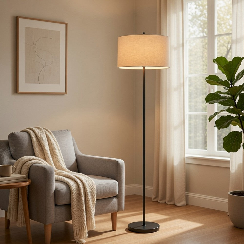 Benjara Avira 61 Inch Floor Lamp, Speckled Hardback Kraft Paper Shade, Black Metal