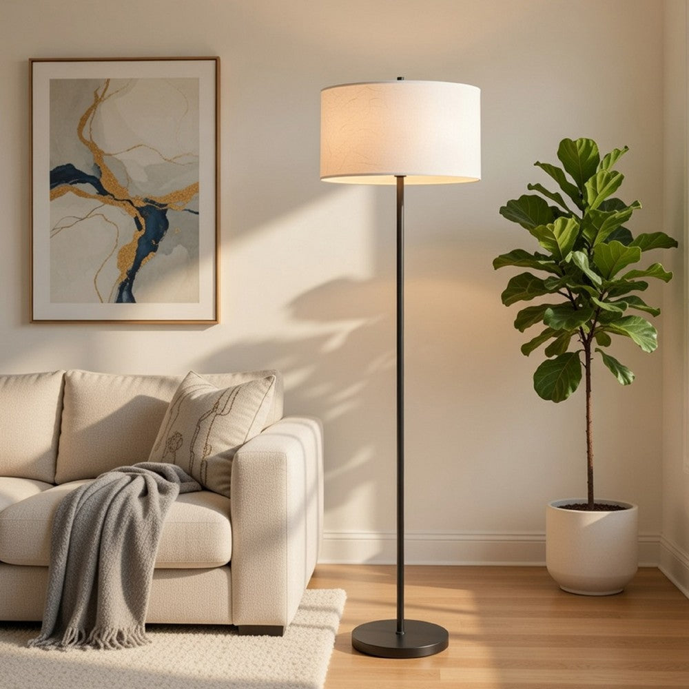 Benjara Avira 61 Inch Floor Lamp, String Pattern White Fabric Shade, Black Metal