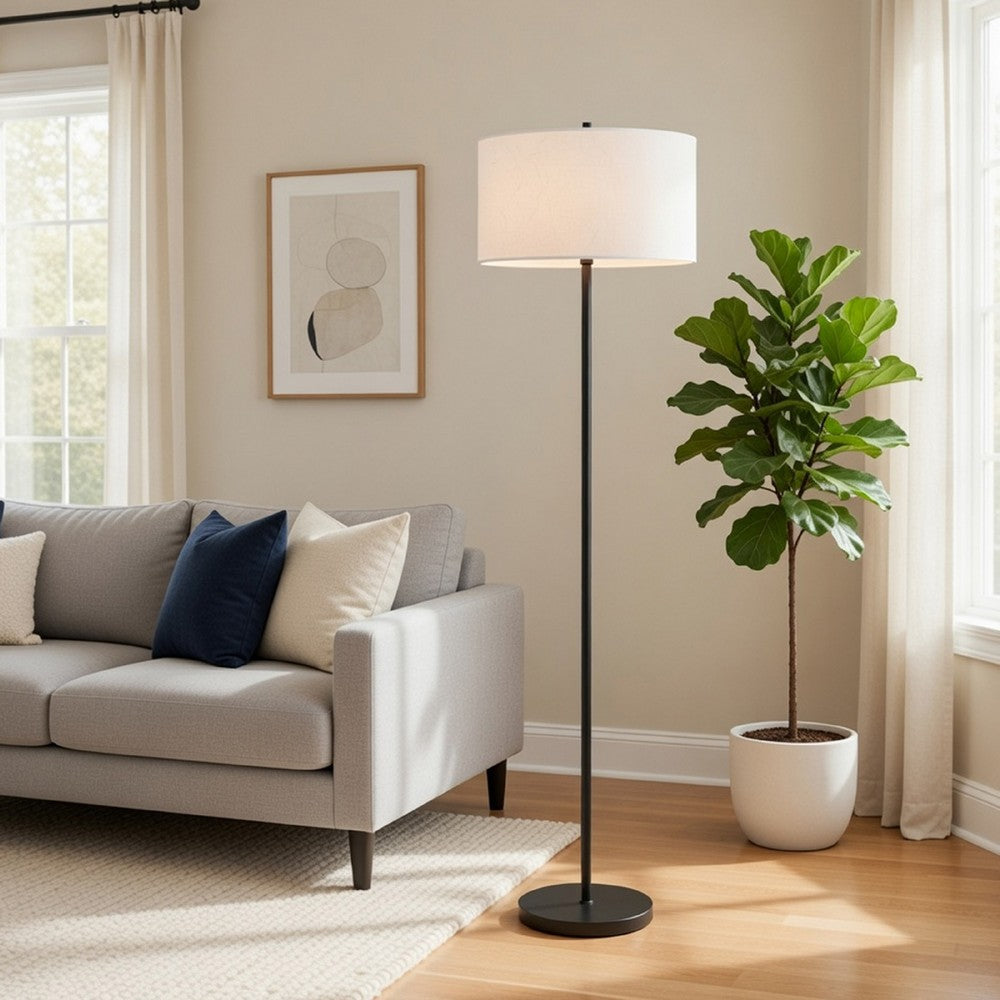 Benjara Avira 61 Inch Floor Lamp, String Pattern White Fabric Shade, Black Metal