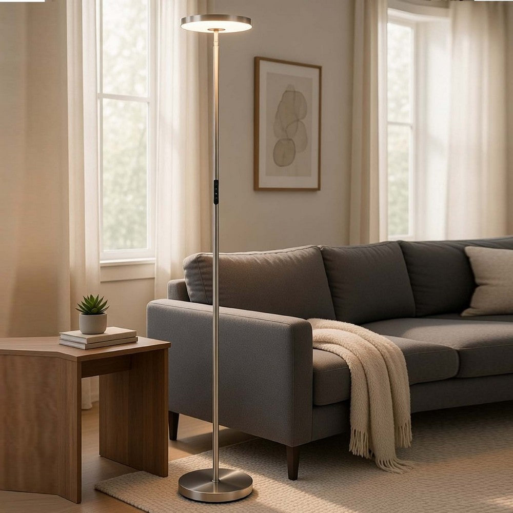 Benjara Floor Lamp with LED Torchiere, Touch Dimmer, 70 Inch Brushed Steel