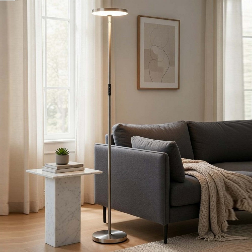 Benjara Floor Lamp with LED Torchiere, Touch Dimmer, 70 Inch Brushed Steel
