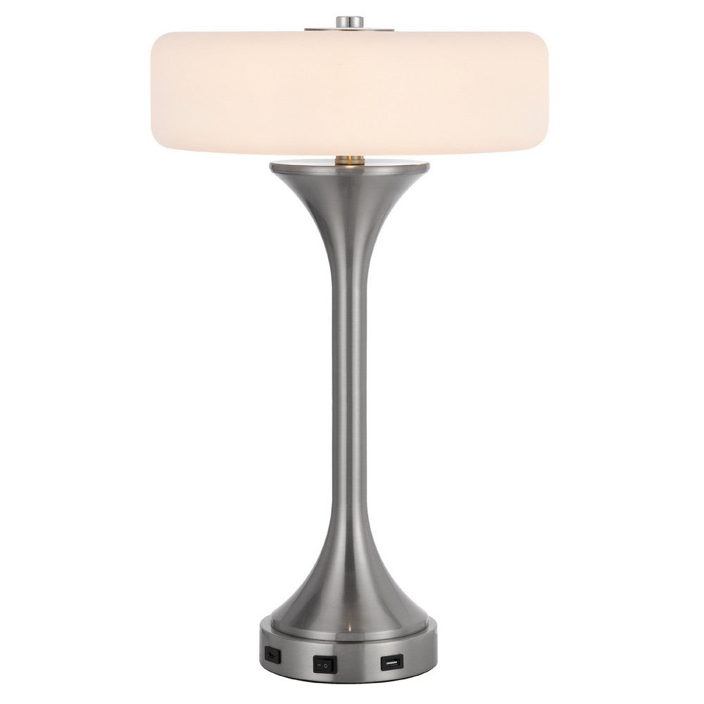 Benjara Table Lamp, USB Ports, Frosted White Glass Shade, 22 Inch Brushed Steel