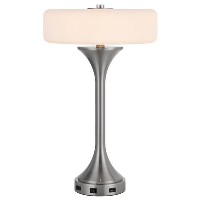 Benjara Table Lamp, USB Ports, Frosted White Glass Shade, 22 Inch Brushed Steel