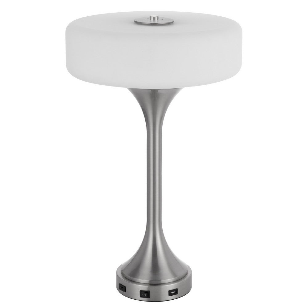 Benjara Table Lamp, USB Ports, Frosted White Glass Shade, 22 Inch Brushed Steel