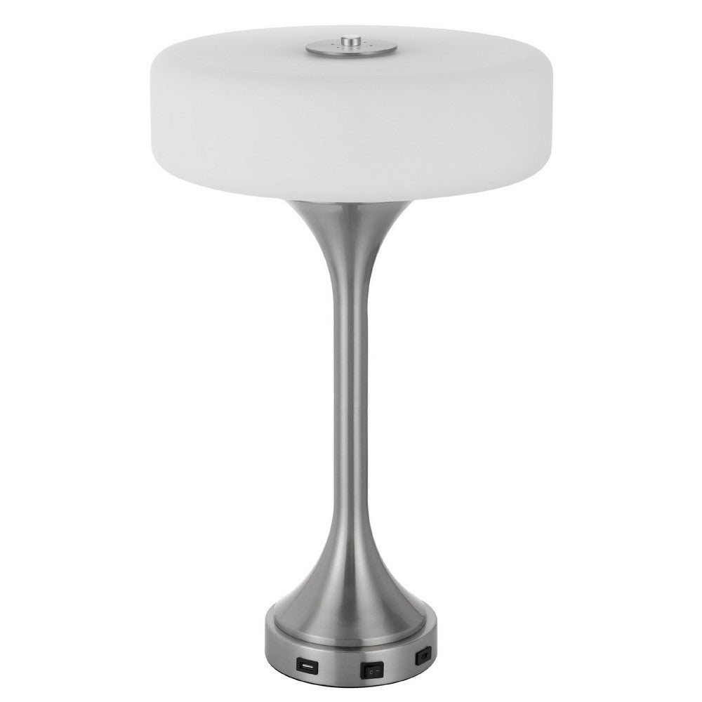 Benjara Table Lamp, USB Ports, Frosted White Glass Shade, 22 Inch Brushed Steel