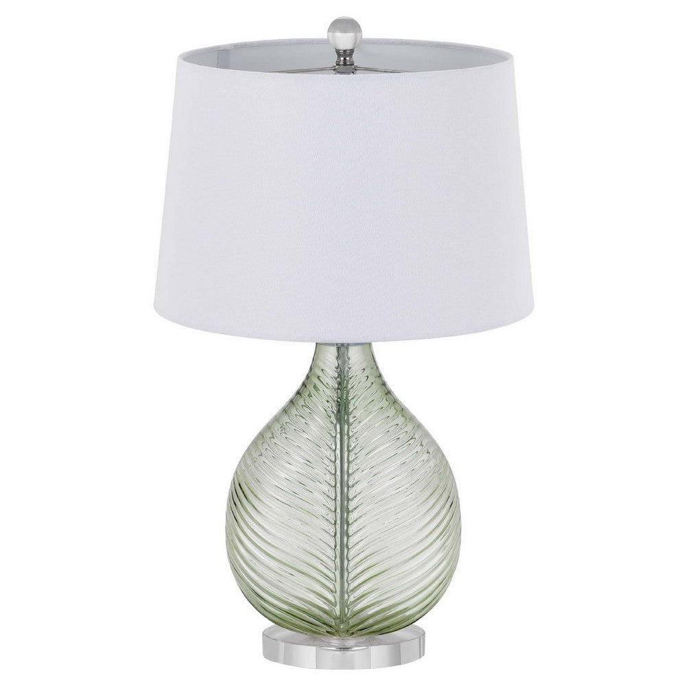 Benjara Table Lamp, White Drum Shade, 26 Inch Lime Green Faceted Teardrop Base