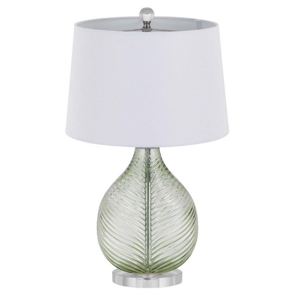 Benjara Table Lamp, White Drum Shade, 26 Inch Lime Green Faceted Teardrop Base