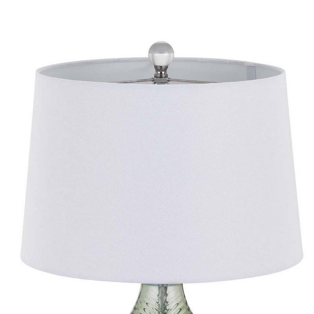 Benjara Table Lamp, White Drum Shade, 26 Inch Lime Green Faceted Teardrop Base