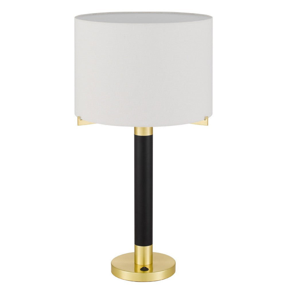 Benjara Table Lamp, Off White Drum Shade, 28 Inch Black Body with Brass Accent