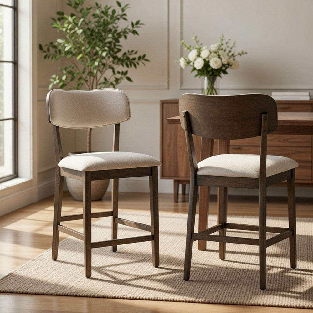 Benjara Roxy Counter Height Chair Set of 2, Open Back, Foam Fill Cream Polyester