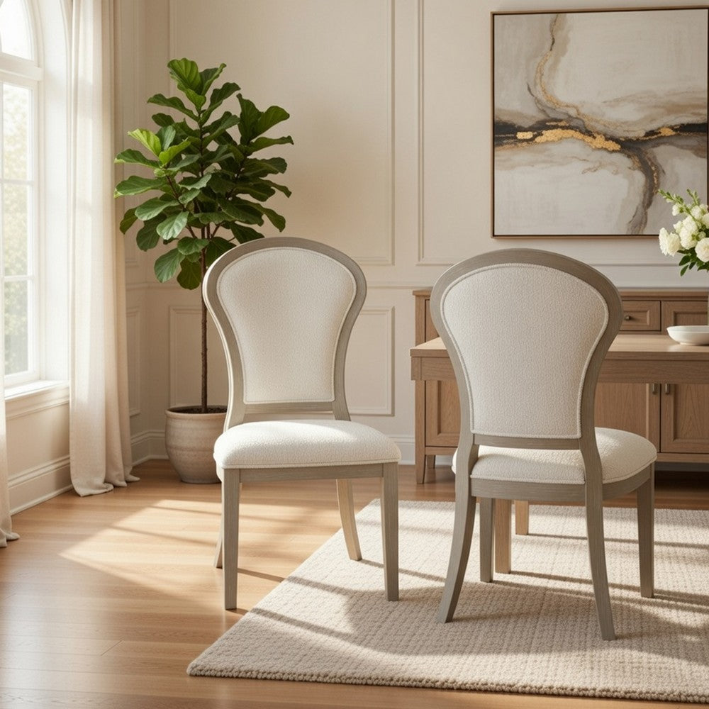 Benjara Lyne Dining Side Chair Set of 2, Hourglass Back, Ivory, Cerused Taupe