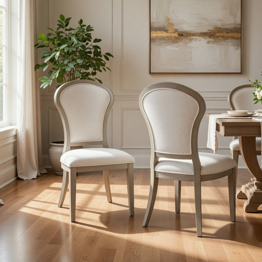 Benjara Lyne Dining Side Chair Set of 2, Hourglass Back, Ivory, Cerused Taupe