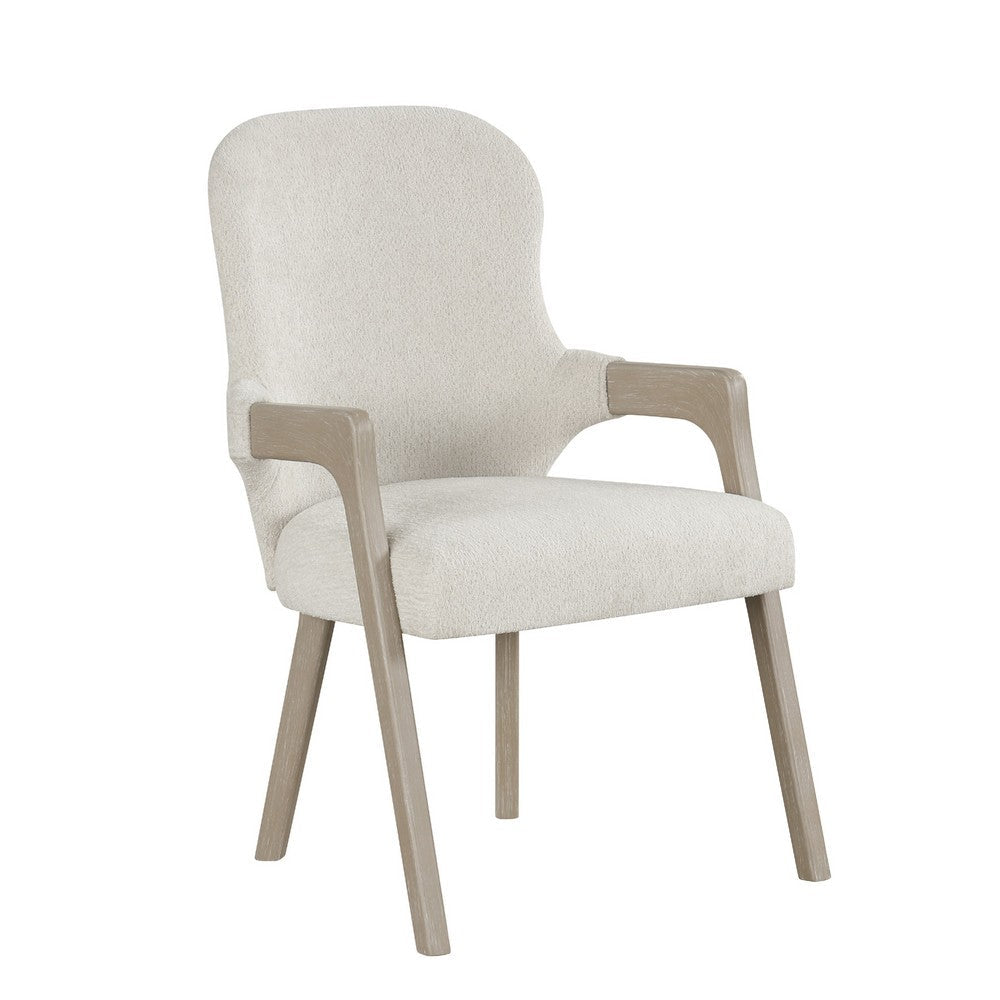 Benjara Lyne Dining Armchair Set of 2, Rounded Back, Ivory Fabric, Cerused Taupe