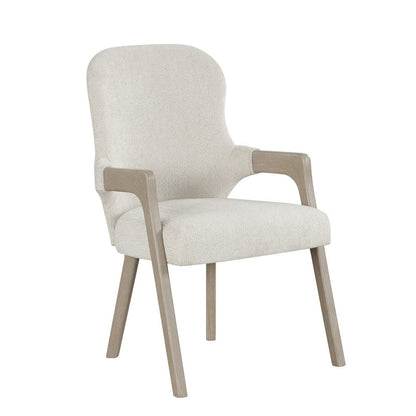 Benjara Lyne Dining Armchair Set of 2, Rounded Back, Ivory Fabric, Cerused Taupe
