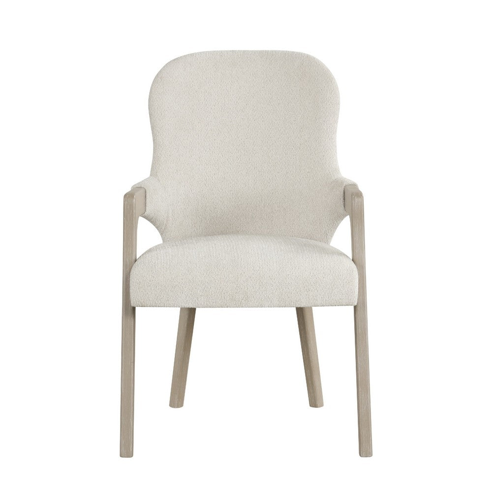 Benjara Lyne Dining Armchair Set of 2, Rounded Back, Ivory Fabric, Cerused Taupe