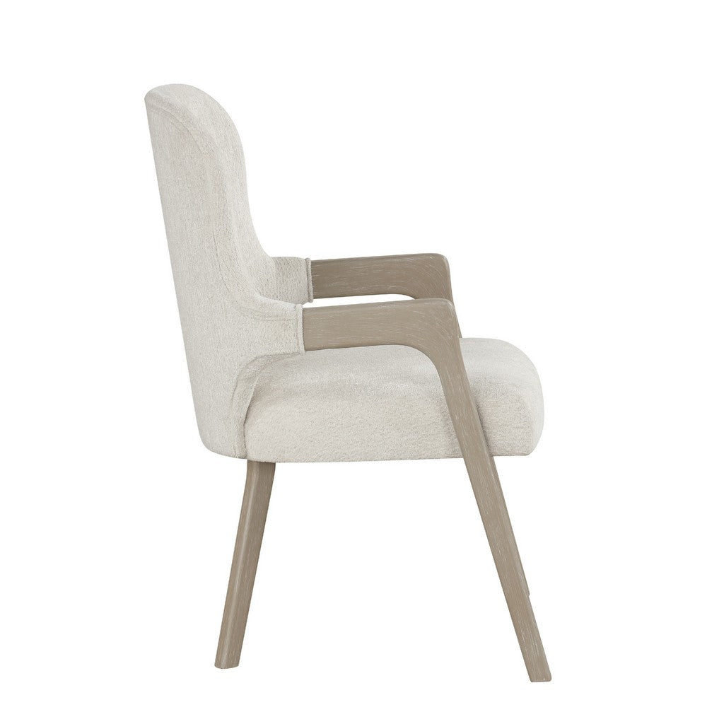 Benjara Lyne Dining Armchair Set of 2, Rounded Back, Ivory Fabric, Cerused Taupe