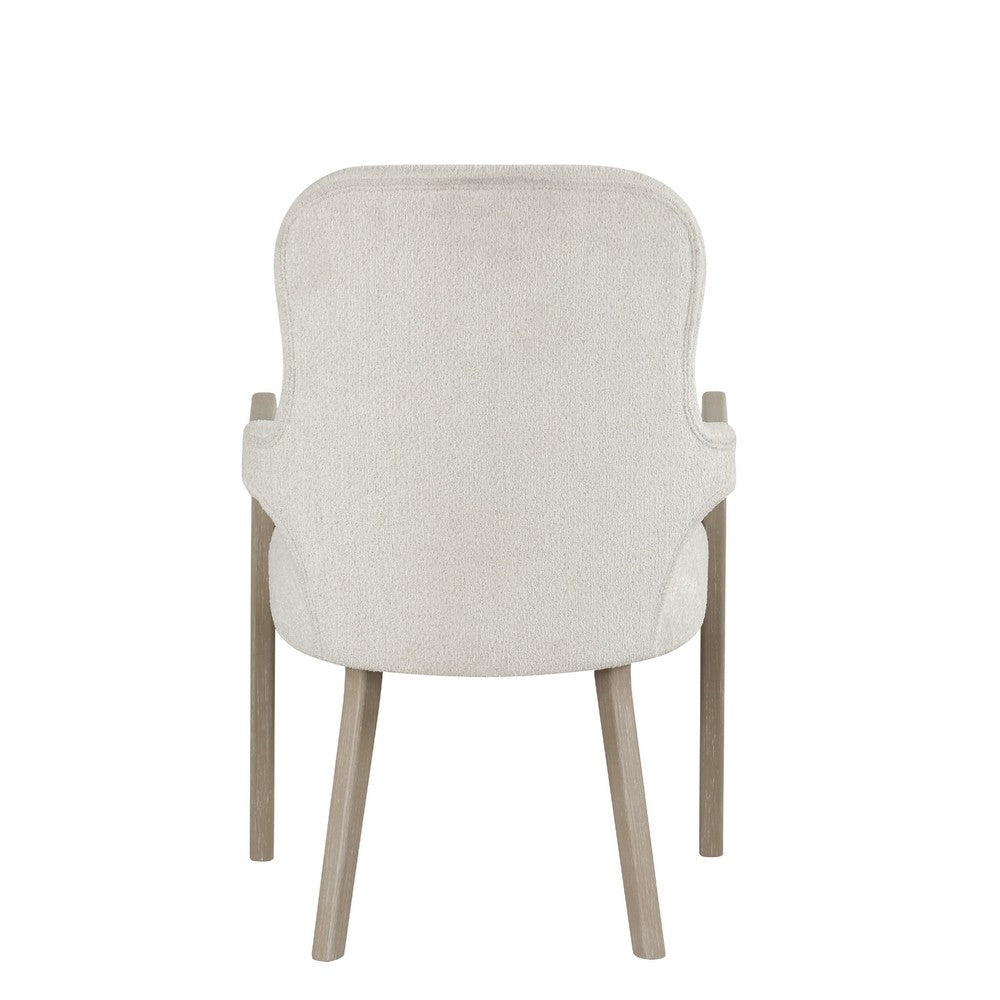 Benjara Lyne Dining Armchair Set of 2, Rounded Back, Ivory Fabric, Cerused Taupe