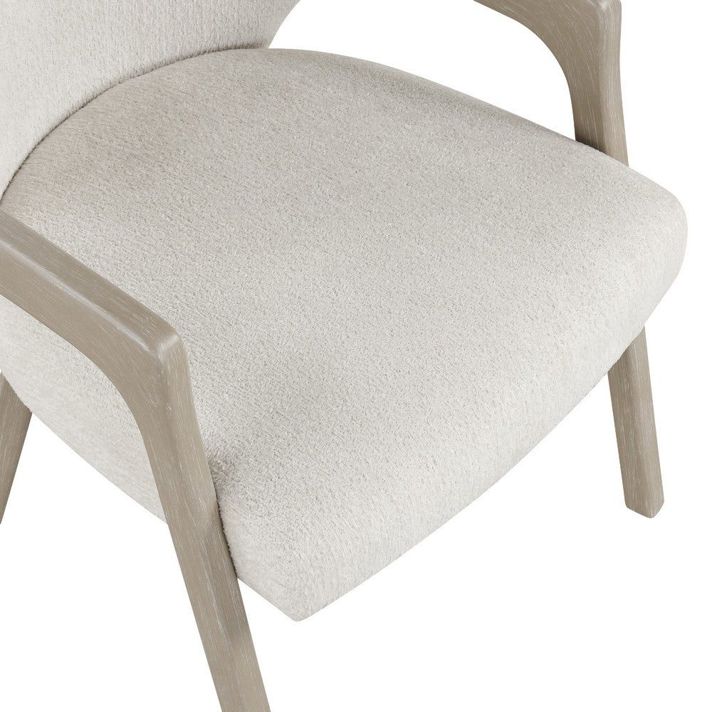Benjara Lyne Dining Armchair Set of 2, Rounded Back, Ivory Fabric, Cerused Taupe