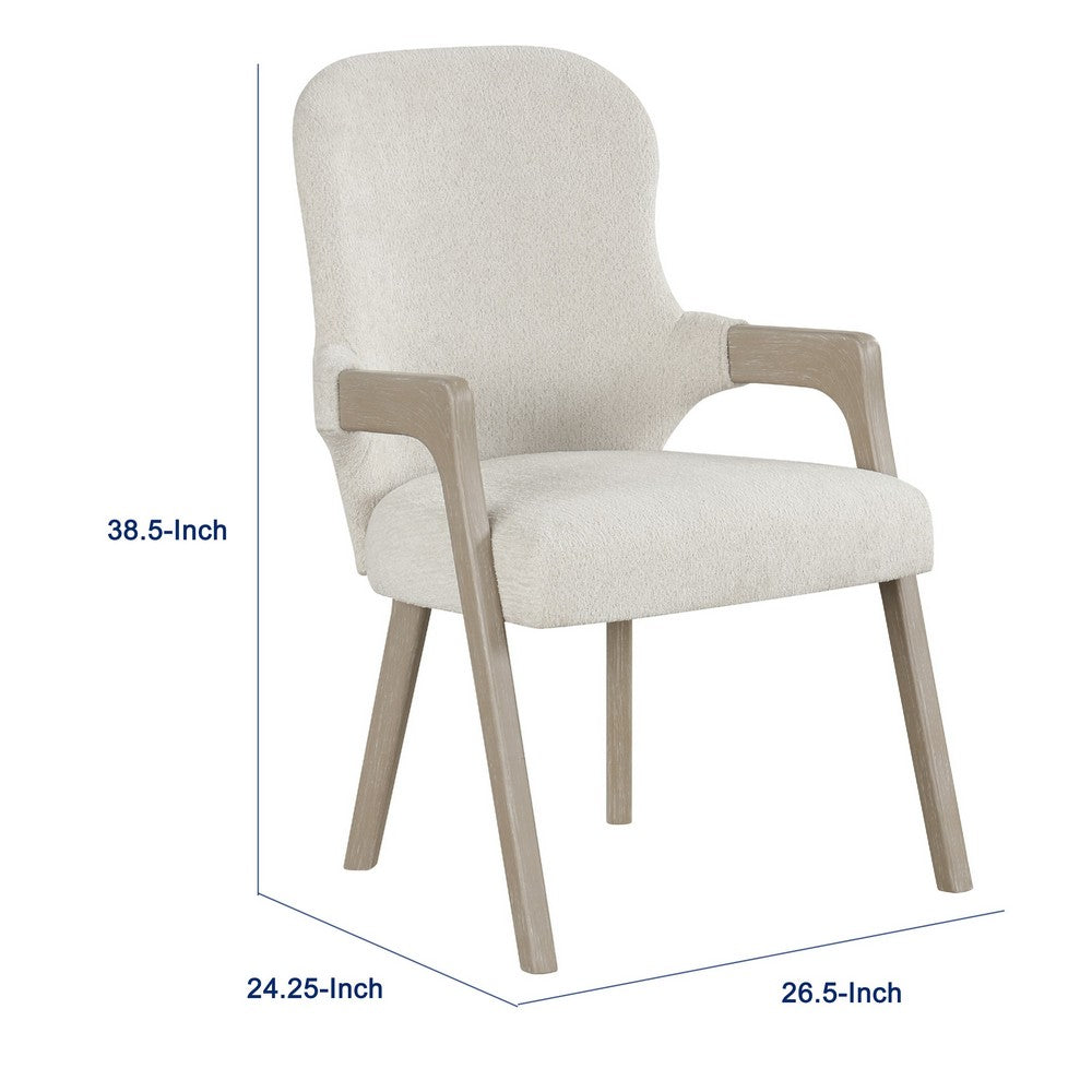 Benjara Lyne Dining Armchair Set of 2, Rounded Back, Ivory Fabric, Cerused Taupe
