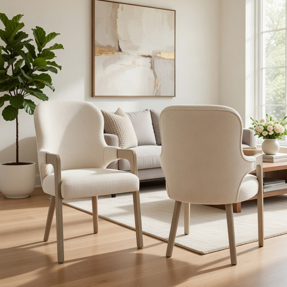 Benjara Lyne Dining Armchair Set of 2, Rounded Back, Ivory Fabric, Cerused Taupe