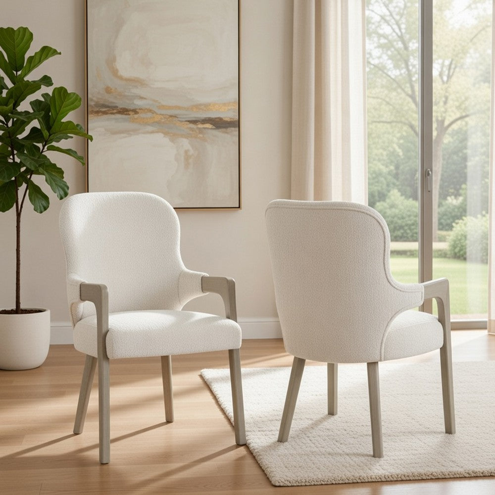 Benjara Lyne Dining Armchair Set of 2, Rounded Back, Ivory Fabric, Cerused Taupe
