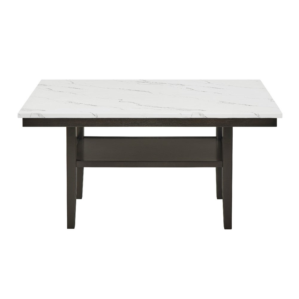Benjara Risa Dining Table with Storage Shelf, 60 Inch Faux Marble Top, Espresso Wood