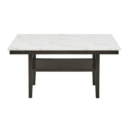 Benjara Risa Dining Table with Storage Shelf, 60 Inch Faux Marble Top, Espresso Wood