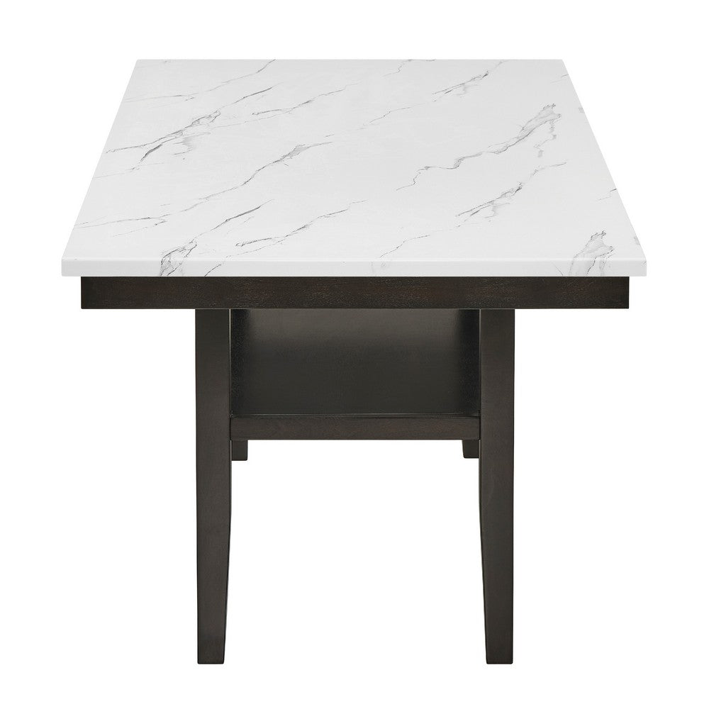 Benjara Risa Dining Table with Storage Shelf, 60 Inch Faux Marble Top, Espresso Wood
