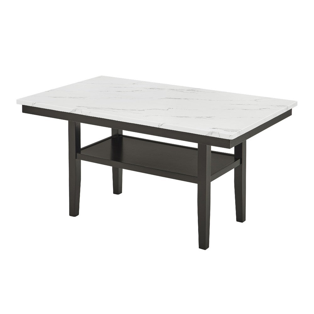 Benjara Risa Dining Table with Storage Shelf, 60 Inch Faux Marble Top, Espresso Wood