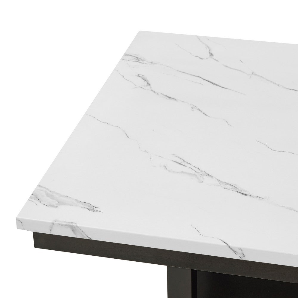 Benjara Risa Dining Table with Storage Shelf, 60 Inch Faux Marble Top, Espresso Wood