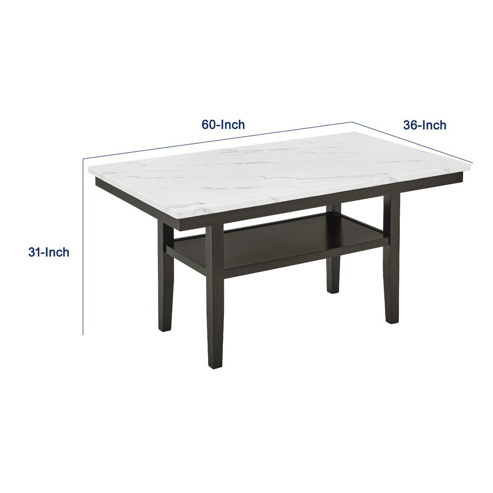 Benjara Risa Dining Table with Storage Shelf, 60 Inch Faux Marble Top, Espresso Wood