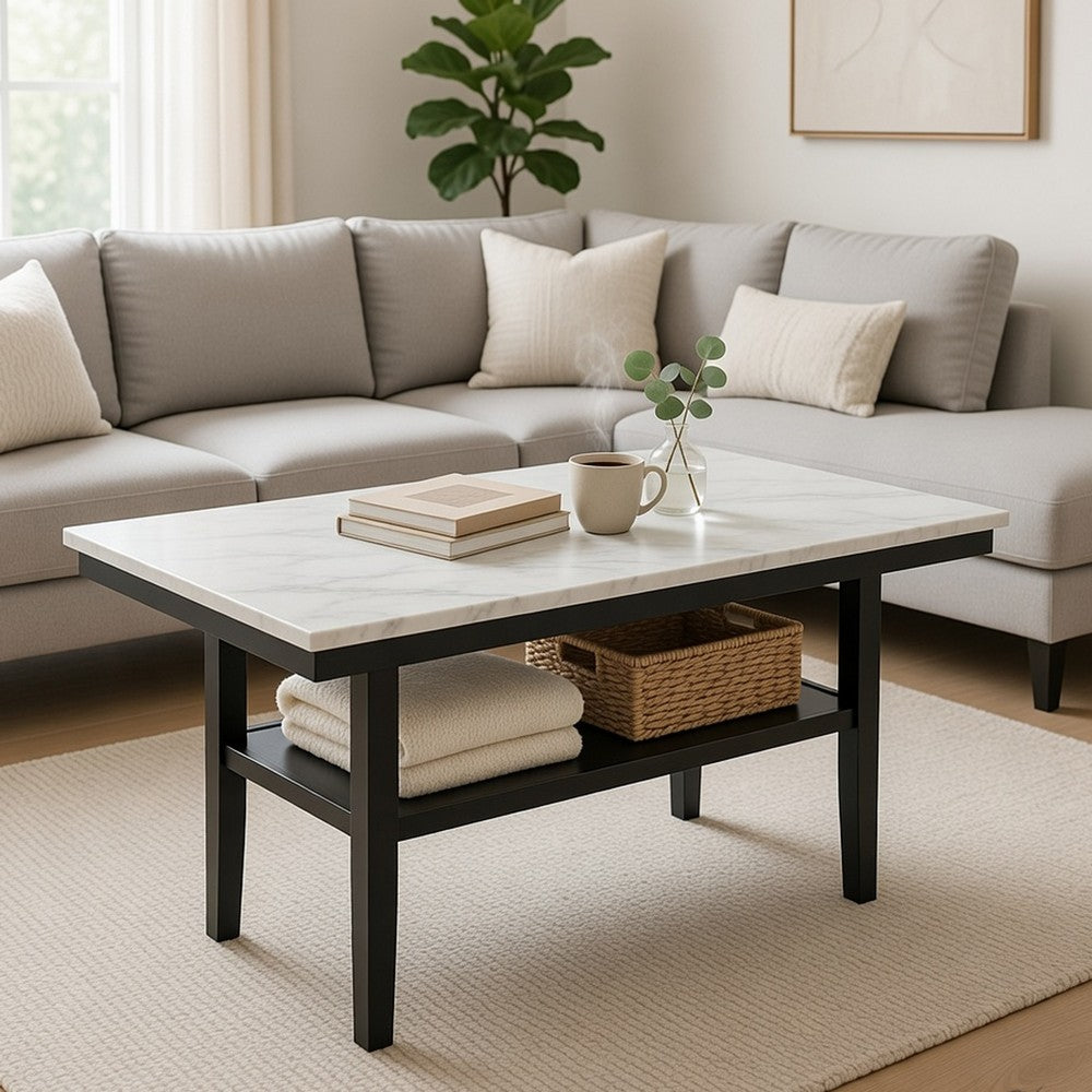Benjara Risa Dining Table with Storage Shelf, 60 Inch Faux Marble Top, Espresso Wood