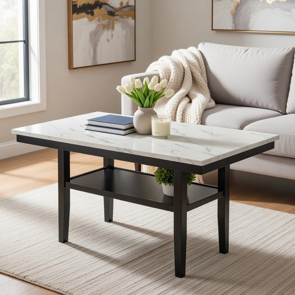 Benjara Risa Dining Table with Storage Shelf, 60 Inch Faux Marble Top, Espresso Wood